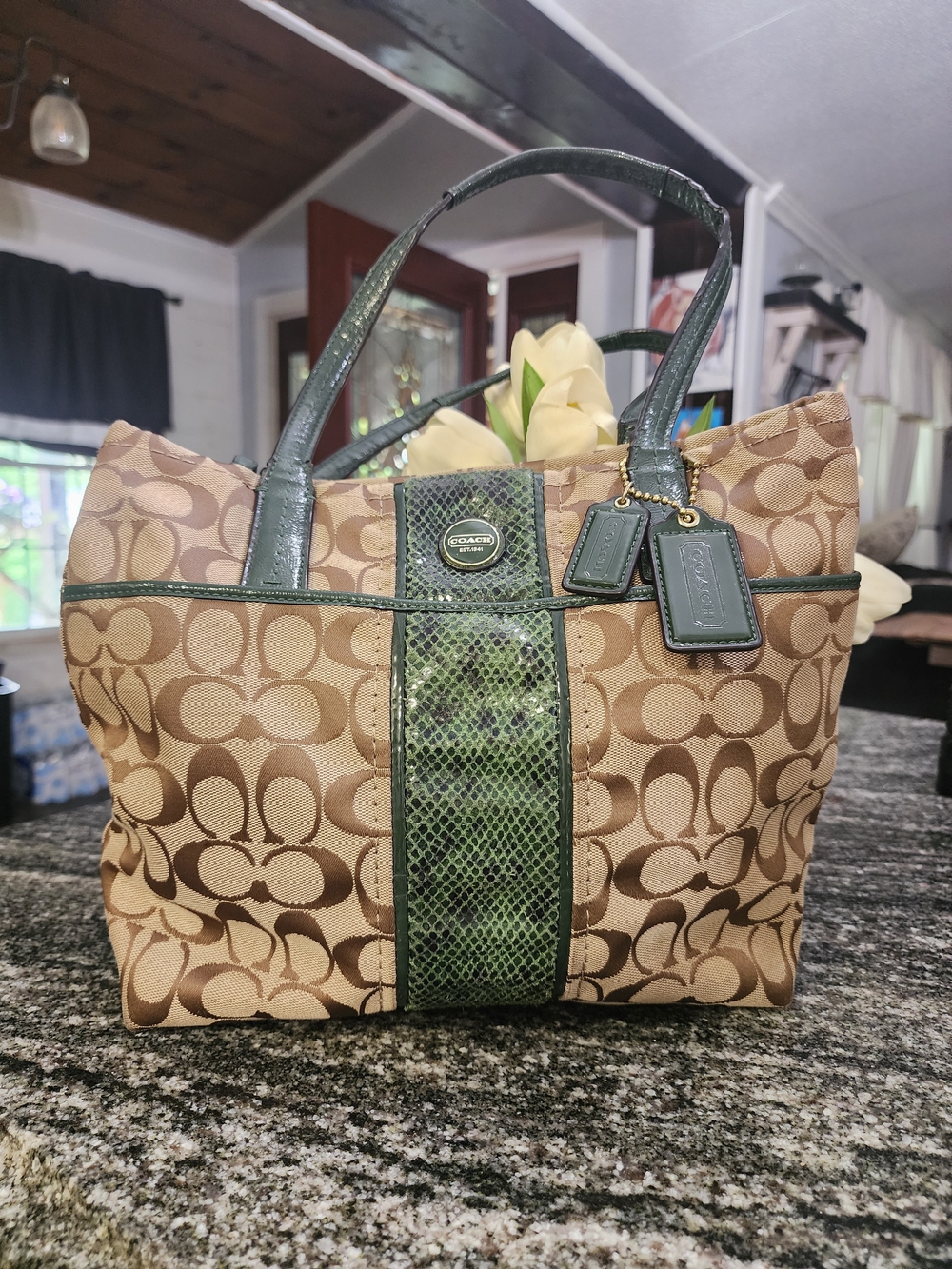 Coach Signature Canvas Tote with Green Trim- 2013